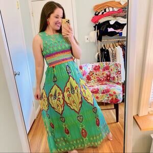 Hemant & Nandita Green Yellow Floral Crochet Silk Maxi Dress Boho 4 Summer